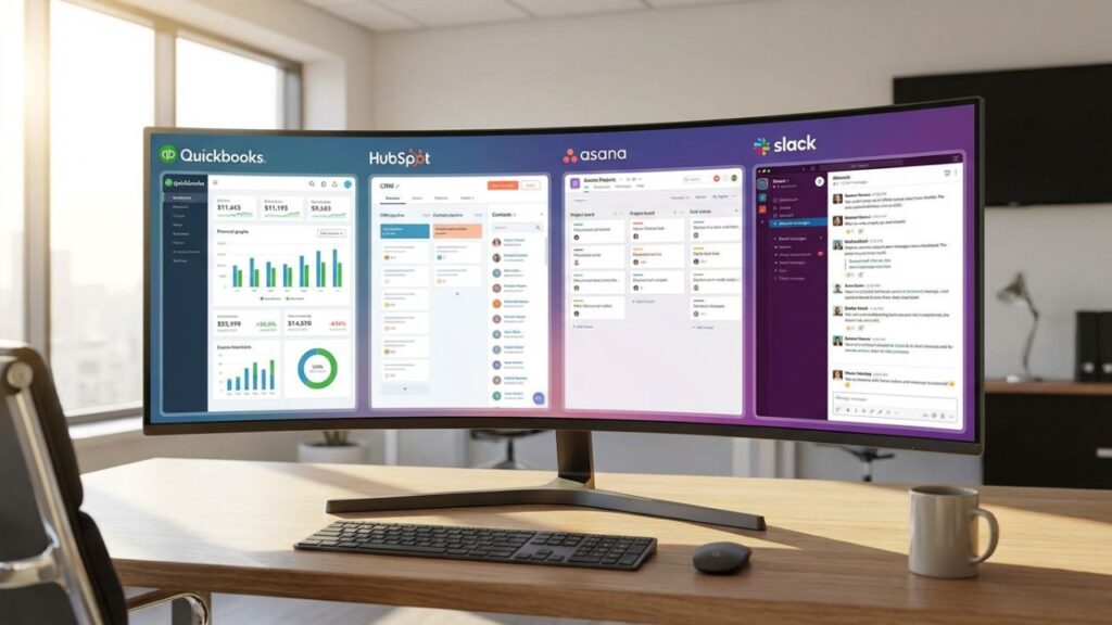 Dashboard screenshots showing QuickBooks, HubSpot, Asana and Slack — the best software for small business 2026