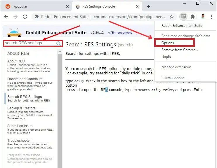 RES Menu tap on Search Settings
