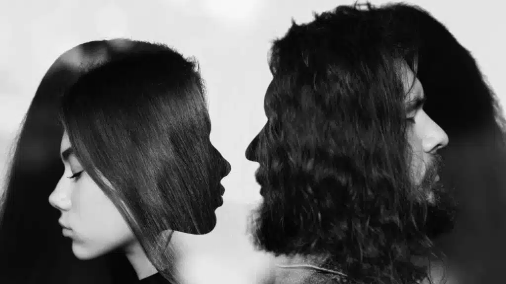 Man and woman profile multiple exposure portrait. Codependency and relationship