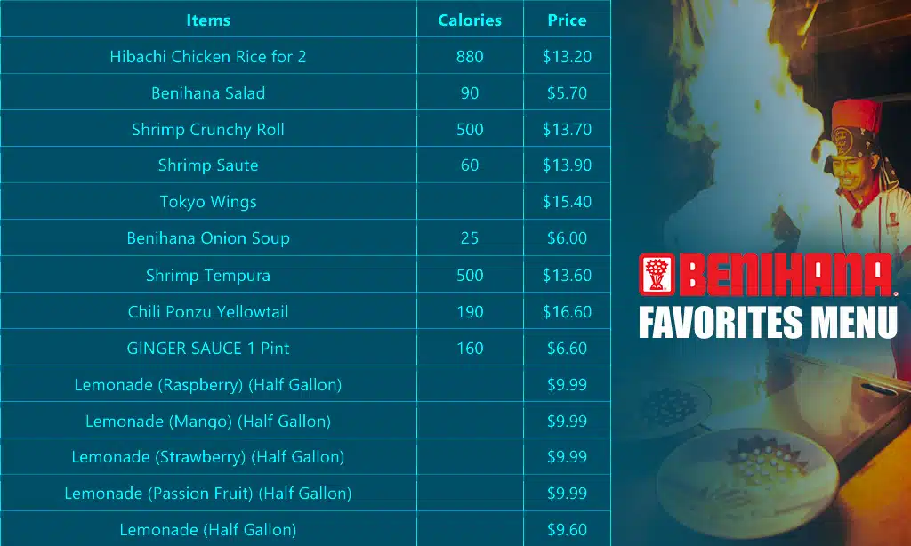 Benihana Favorites menu