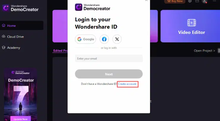 login to wondershare democreator