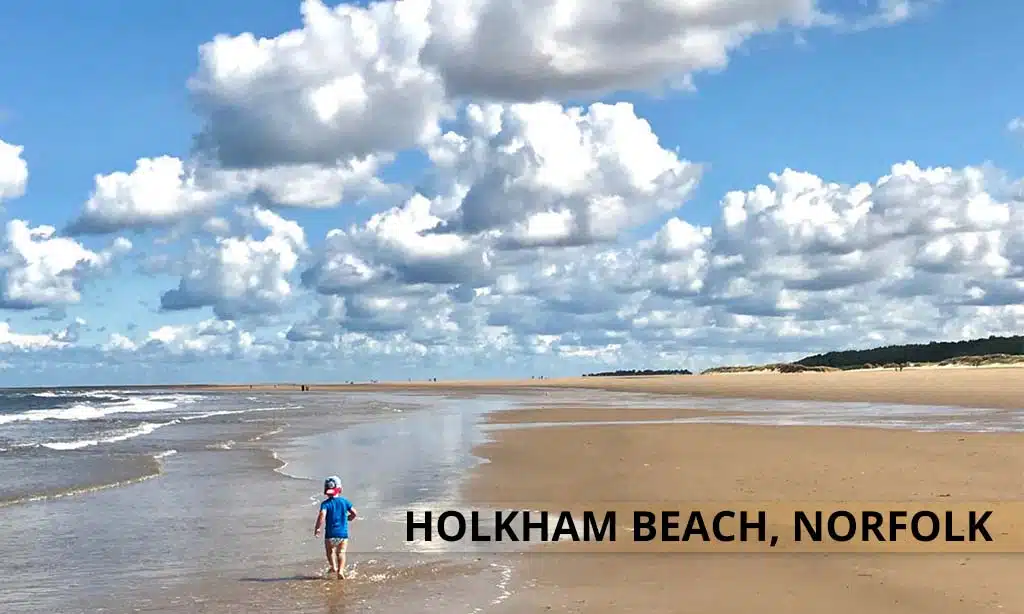 Bright blues skies, fine golden sands, Holkham Beach. Norfolk, East Anglia, coastal scence, beach.