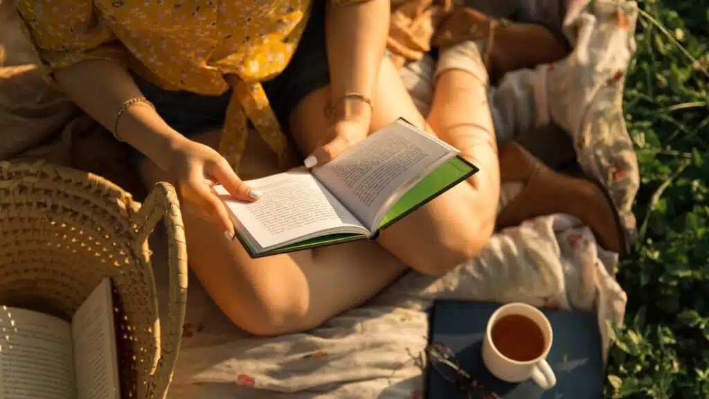 Young Women reading a book during a picnic with a cup of tea nearby