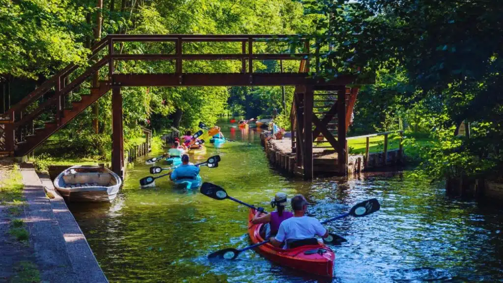 Kajaking on a river in Spreewald, UNESCO biosphere reserve, Brandenburg, Germany, Europe