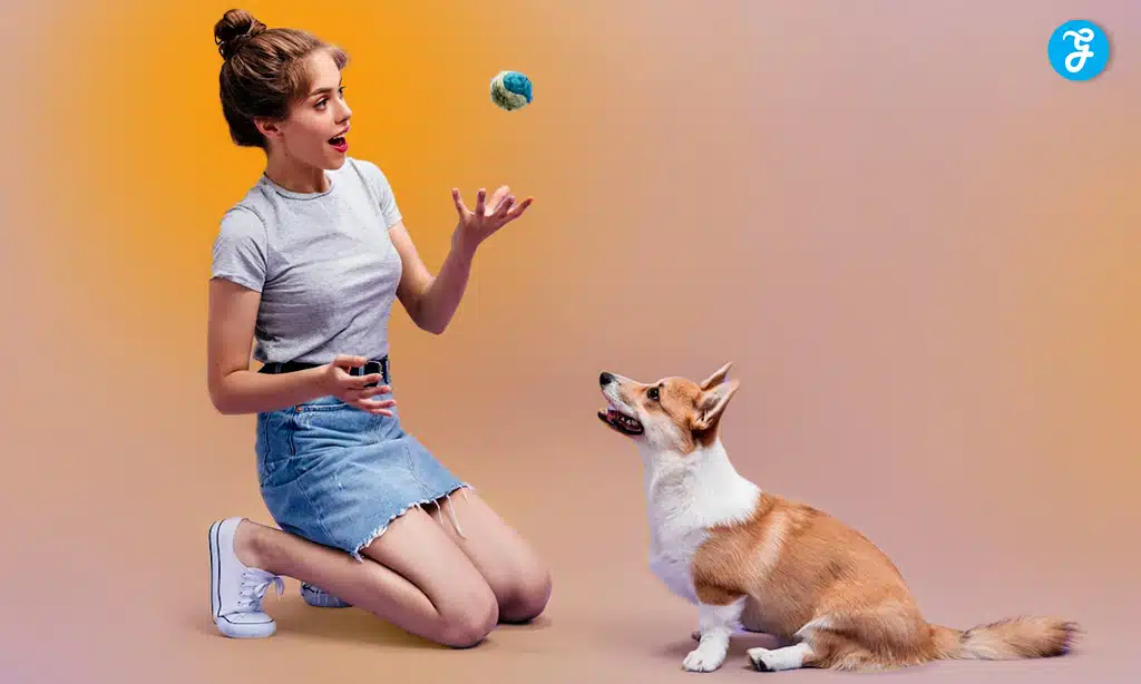 Woman playing fetch with her dog, tossing a ball.