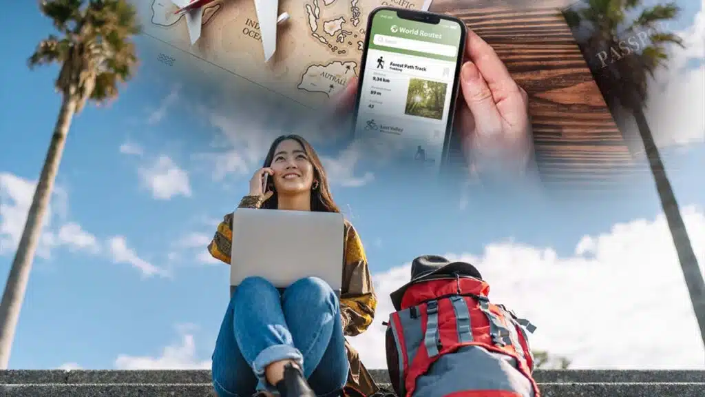 Happy traveler planning a trip with a map, mobile app, and backpack.