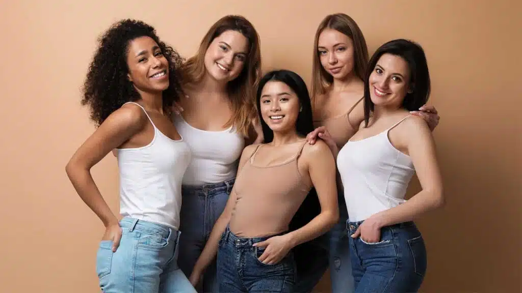 Diverse group of women smiling in casual outfits.