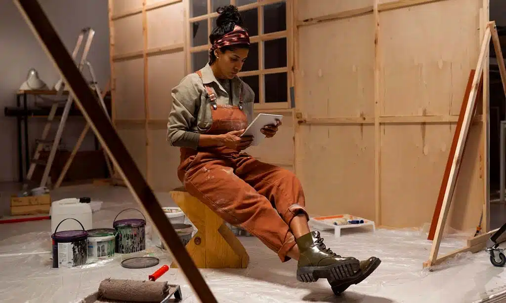 Woman taking a break during home renovation.