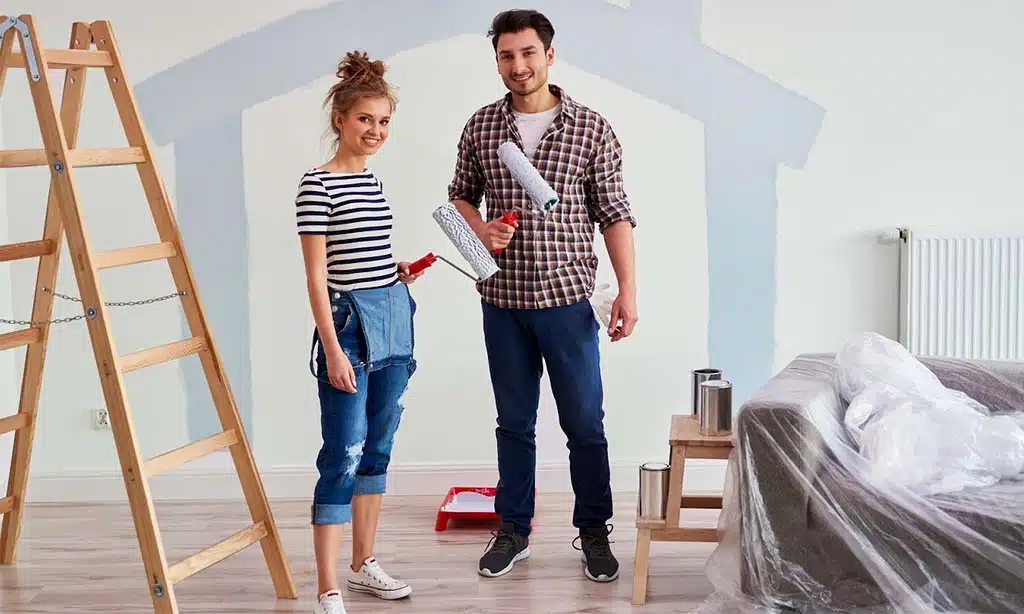 Couple painting a room together, preparing for home renovation.