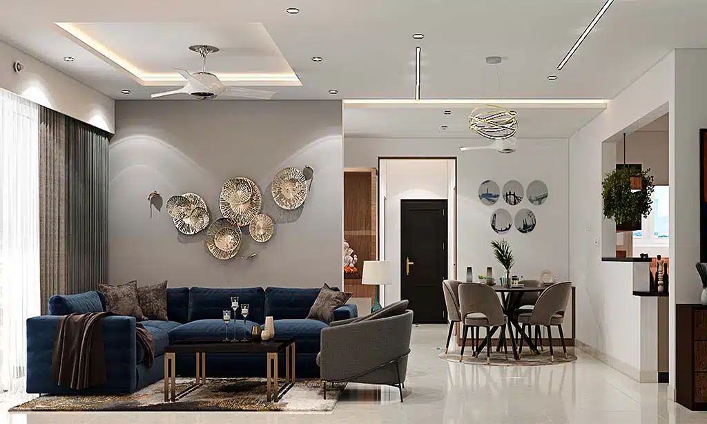 Modern open-plan living and dining room with elegant decor.