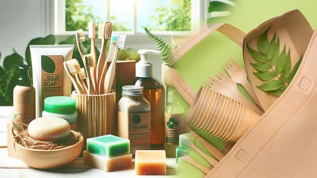 Eco-friendly toiletries and reusable products for sustainable living.