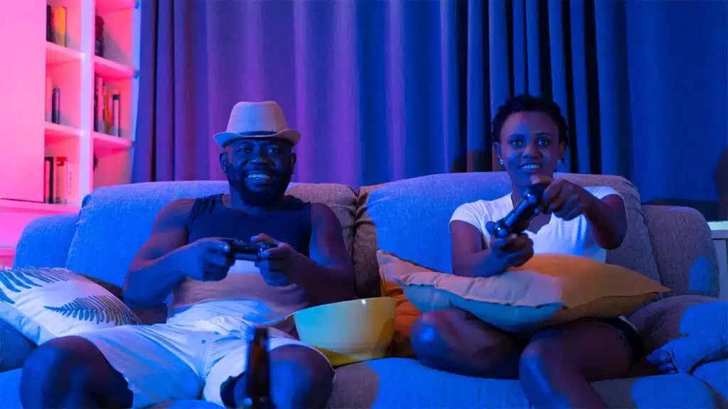 A couple playing video games together