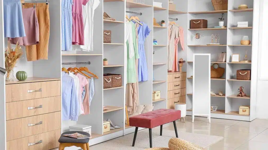 Organized walk-in closet with neatly arranged clothes