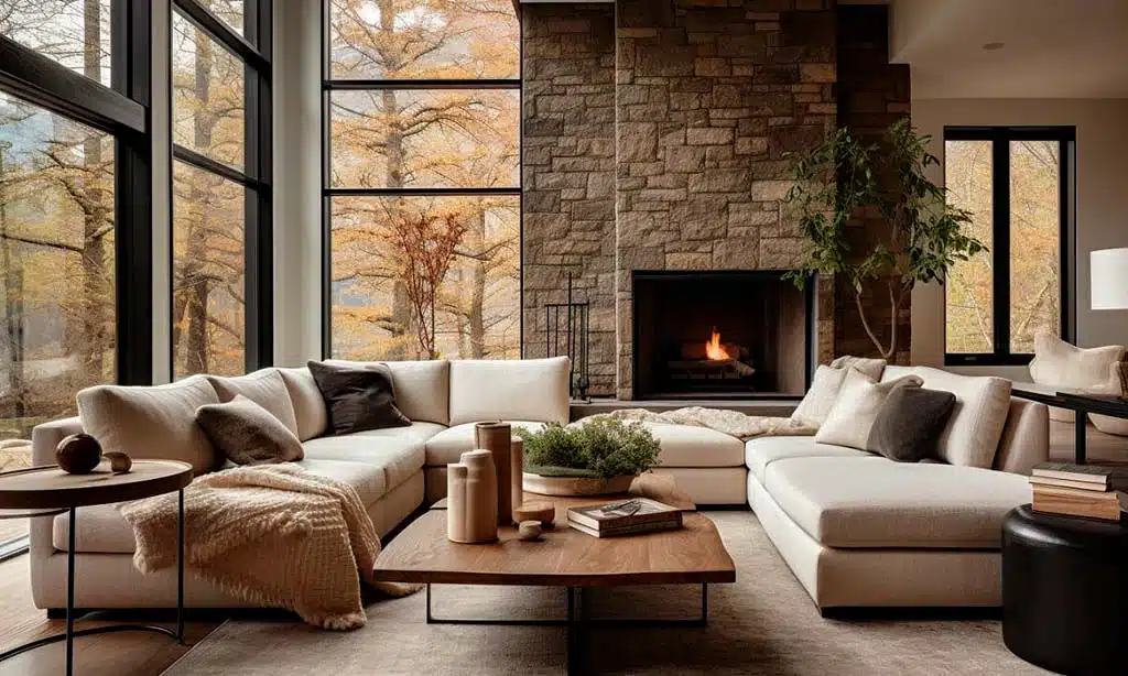 Cozy living room with a fireplace and large windows overlooking fall scenery.