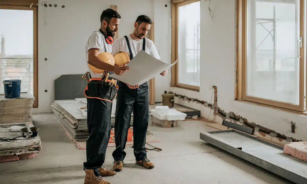 Two male construction workers reviewing building plans on-site.