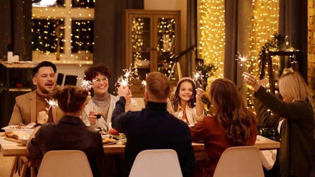 Family celebrating at a festive dinner table