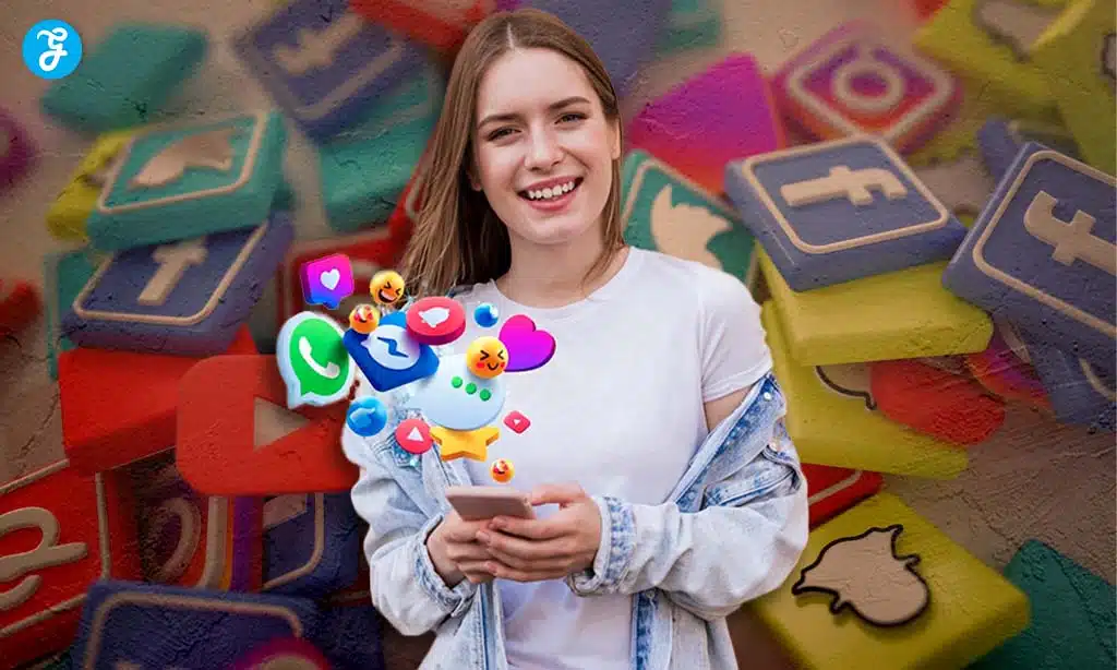 Smiling woman using a smartphone with social media icons around her