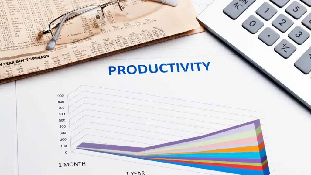 Productivity chart on a desk with a calculator, newspaper, and glasses.