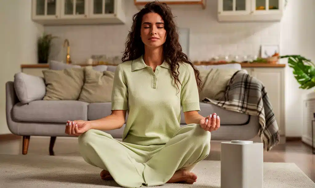 Woman meditating peacefully in a cozy living room.
