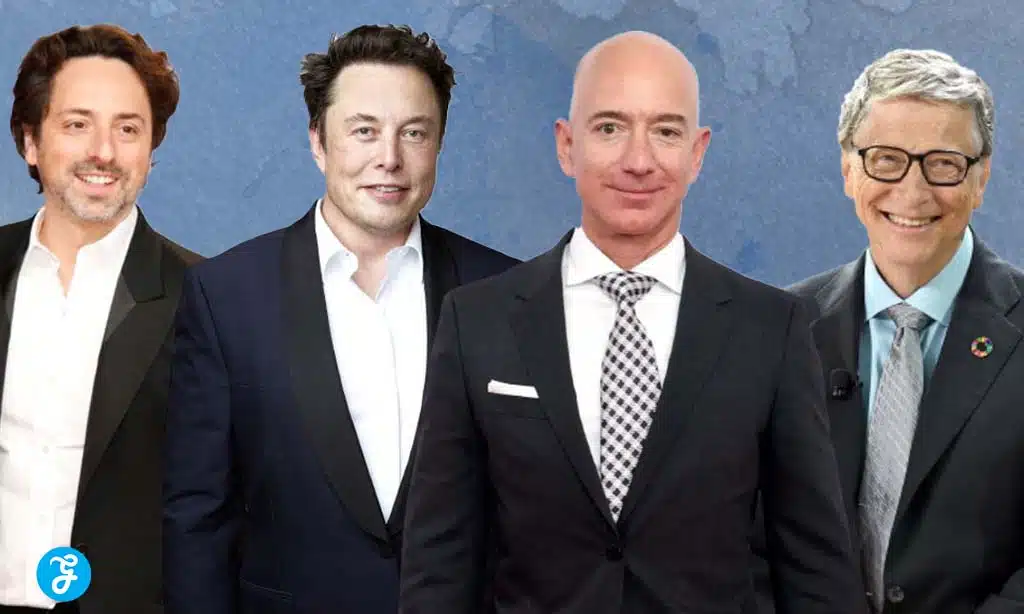 Tamous tech entrepreneurs including Sergey Brin, Elon Musk, Jeff Bezos, and Bill Gates