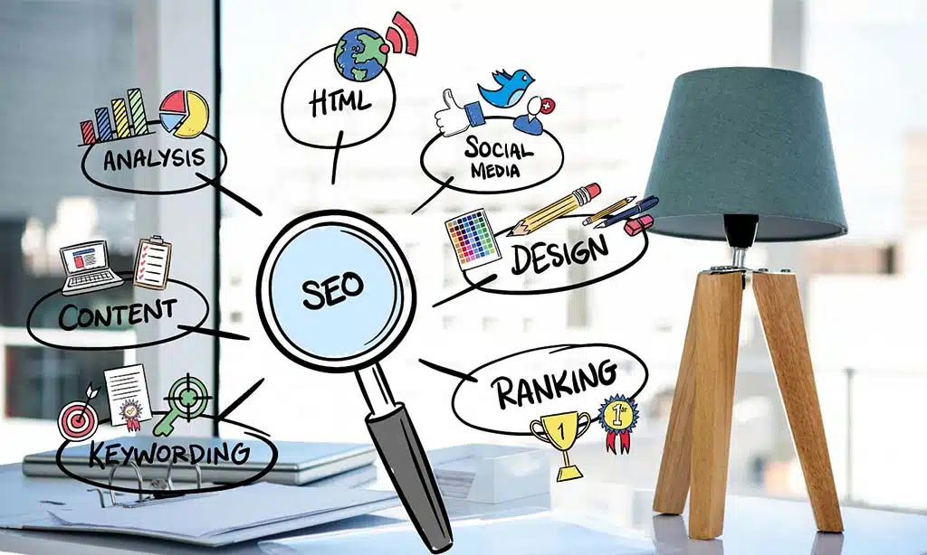 SEO strategy concept with icons for content, social media, and ranking.