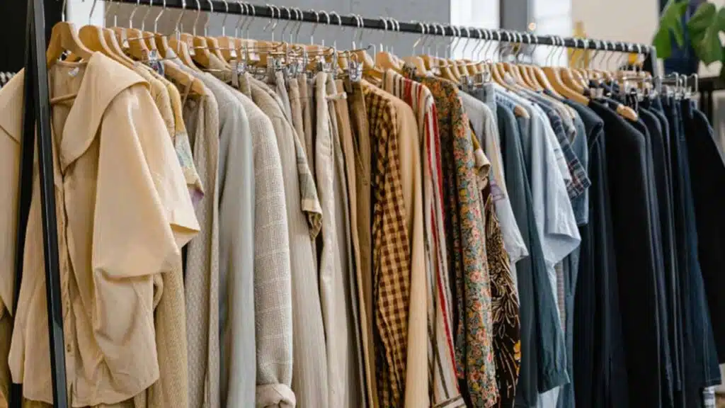 Neatly organized clothing rack with neutral-toned shirts and jackets on wooden hangers