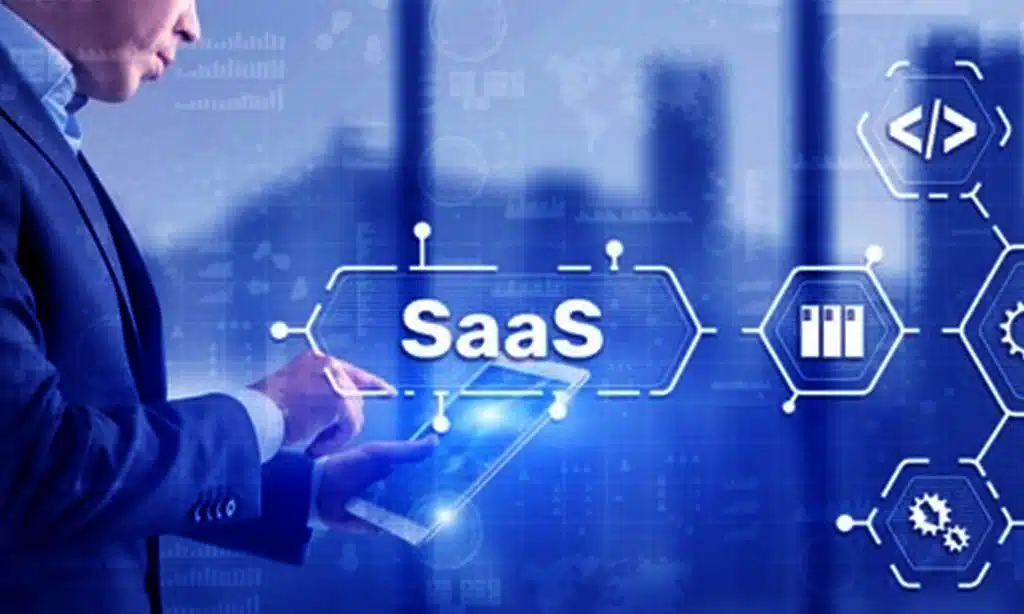 Businessman using tablet for SaaS (Software as a Service) digital interface.