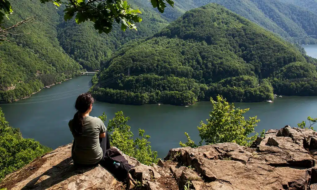 Woman enjoying a scenic mountain view by a lake.