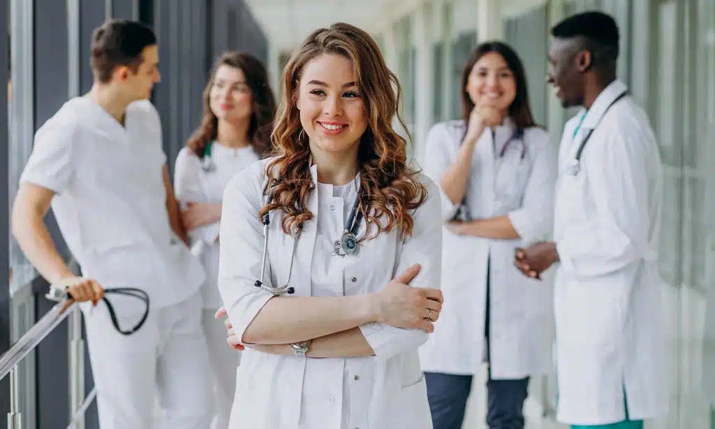 Smiling medical team in white coats standing in a hospital corridor.