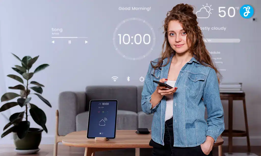 Woman using a smartphone to control a smart home system with a digital display
