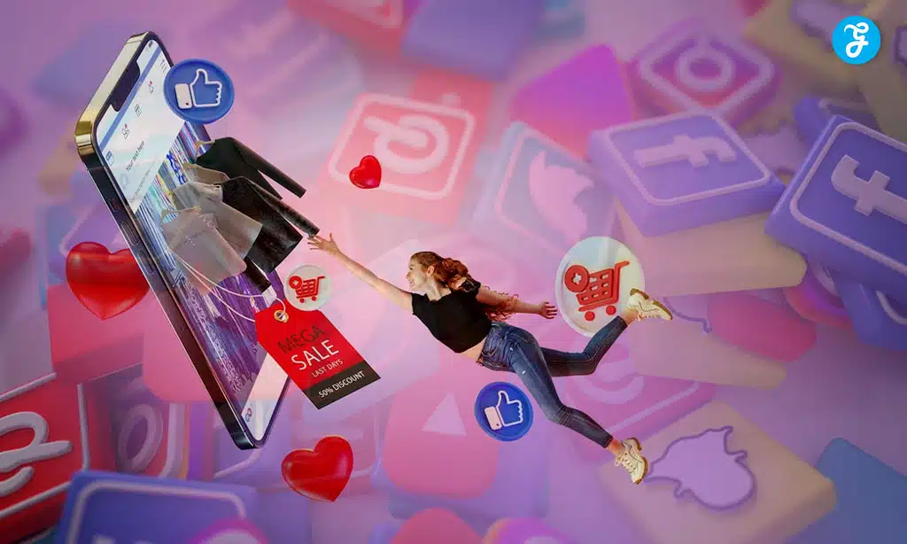 Online shopping mega sale with a girl reaching for products from a smartphone.