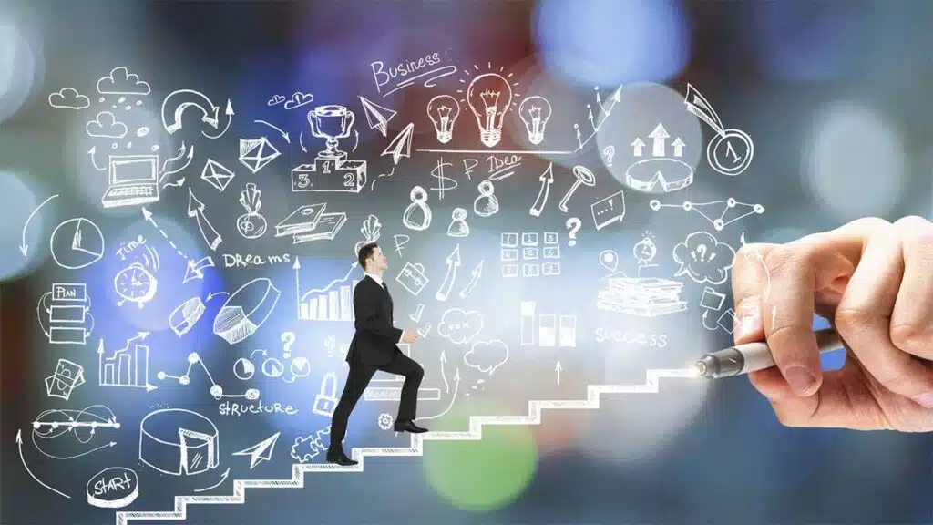 Businessman climbing drawn steps with business strategy icons surrounding him.