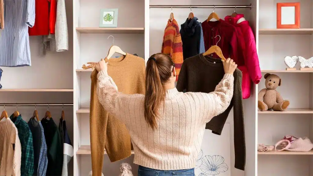 Women choose between sweaters in a well-organized closet.