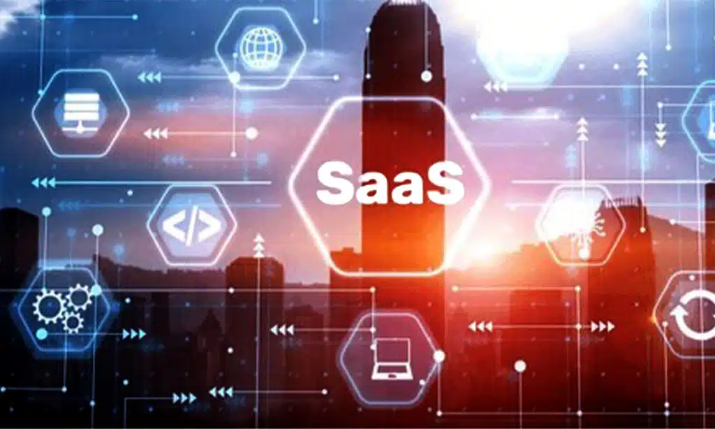 SaaS (Software as a Service) technology concept with digital icons.