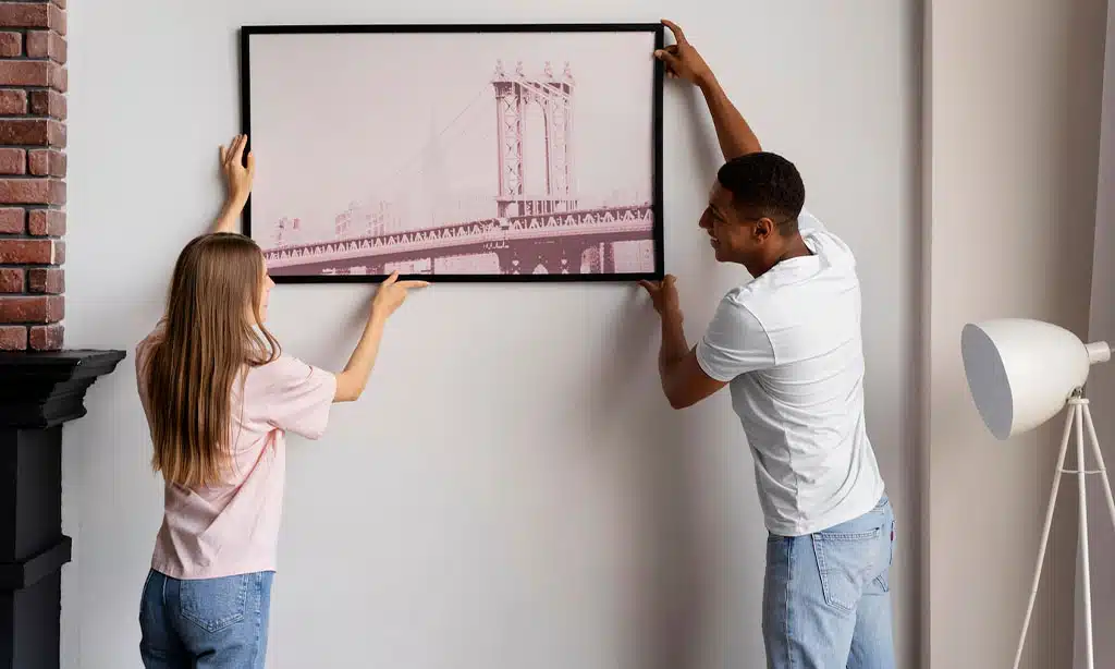 Couple hanging a framed picture on the wall.