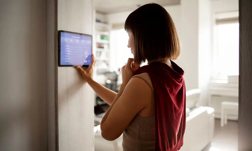 Woman using a wall-mounted smart home control panel in a modern living room.