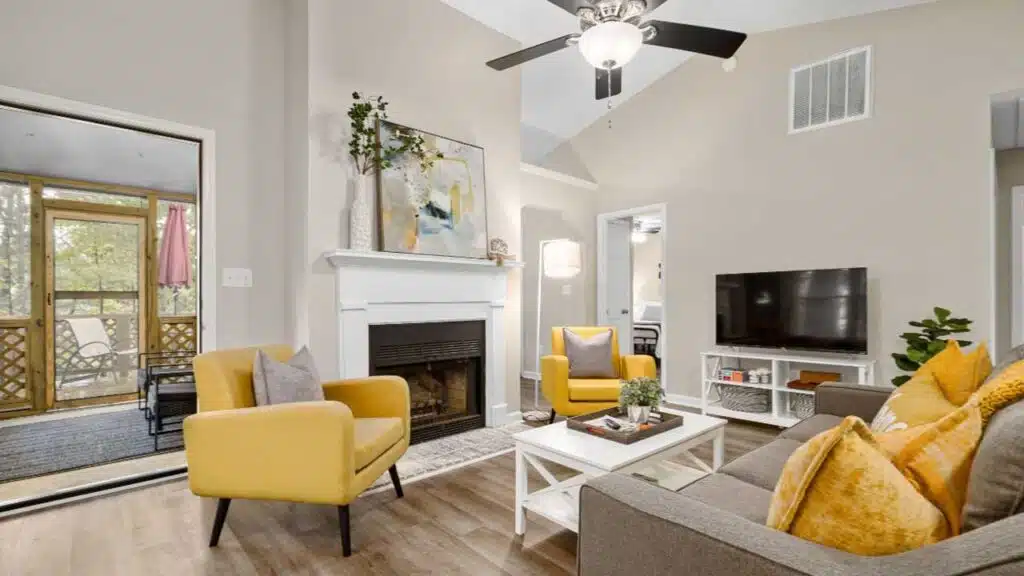 Bright living room with yellow accents