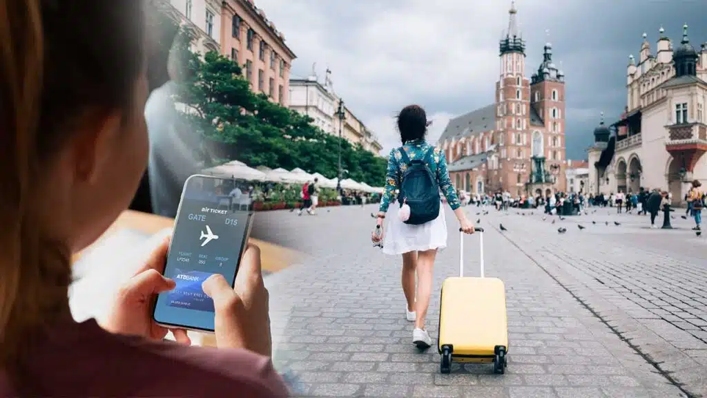 Traveler with luggage and mobile boarding pass exploring city.