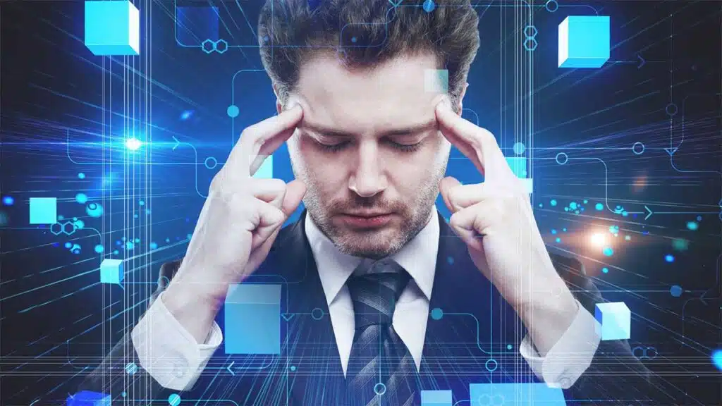 Focused businessman in a suit, deep in thought with a futuristic digital interface surrounding him