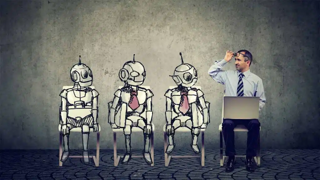 Businessman sitting with sketched robots