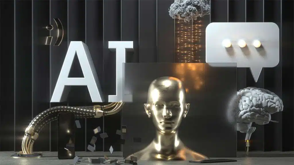 Futuristic AI concept featuring a golden humanoid head