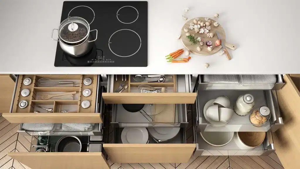 Modern kitchen setup with an organized drawer system