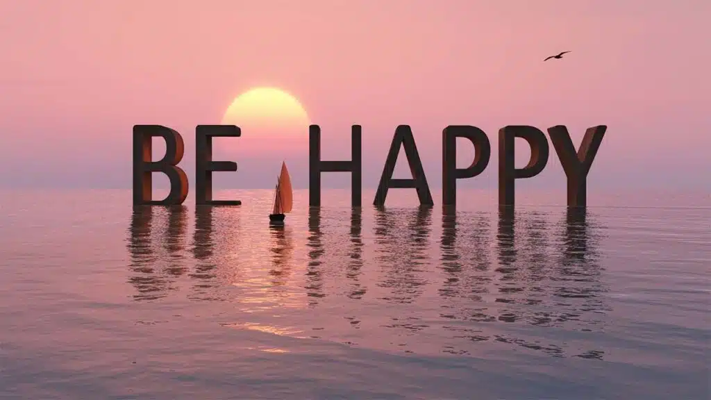 "Be Happy" Message on Calm Ocean During Sunset