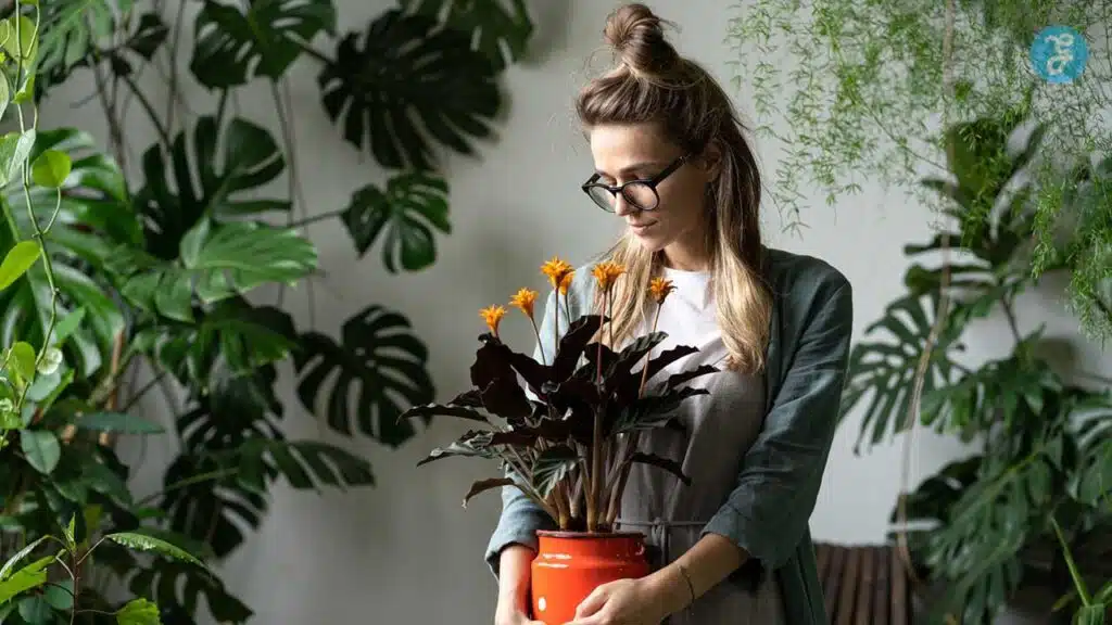 Woman caring for indoor plants, surrounded by greenery - indoor plant care tips.