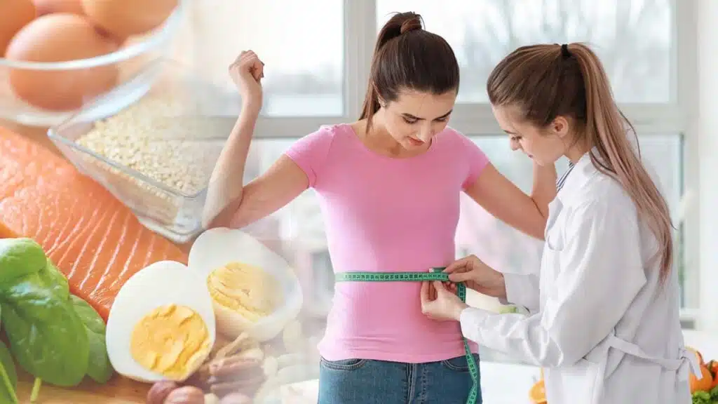Nutritionist Measuring Woman’s Waist with Healthy Food in Background