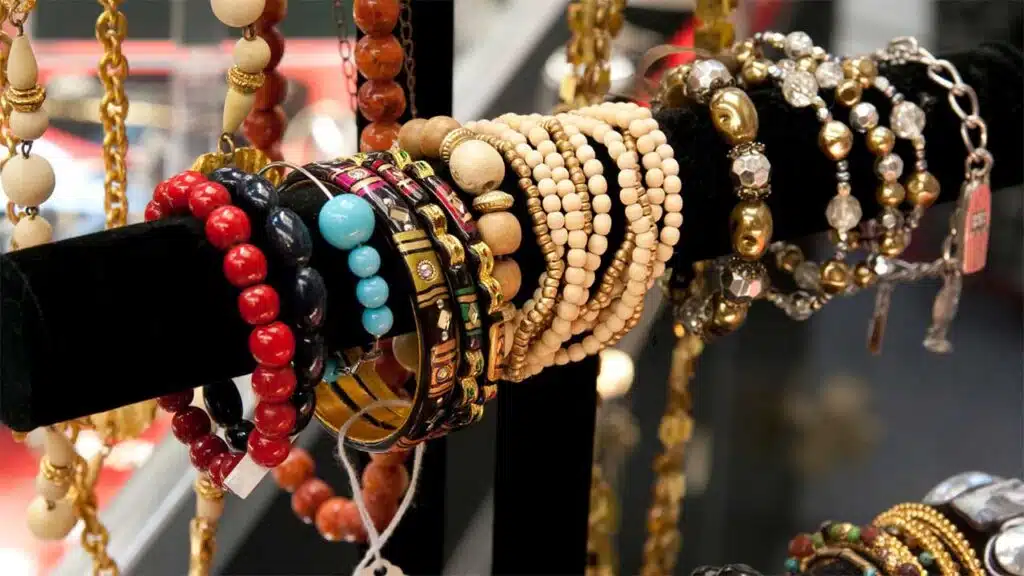 Vibrant display of beaded bracelets in various colors and designs