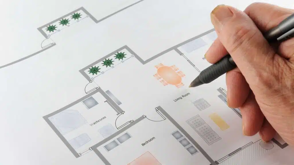Person marking or reviewing a floor plan