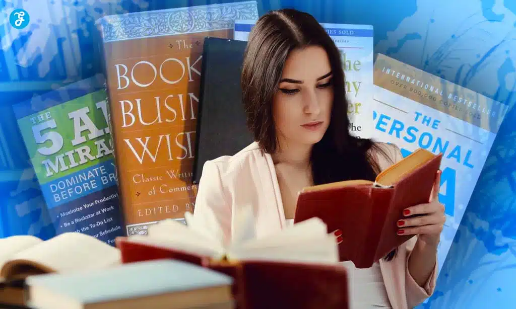Focused woman reading a book on personal development