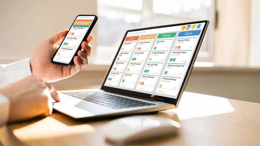 Person managing tasks on a project management board displayed on a laptop