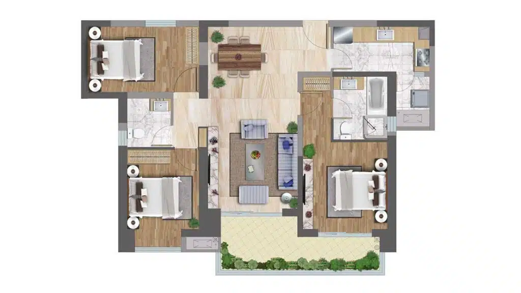 Floor plan of a modern apartment featuring three bedrooms